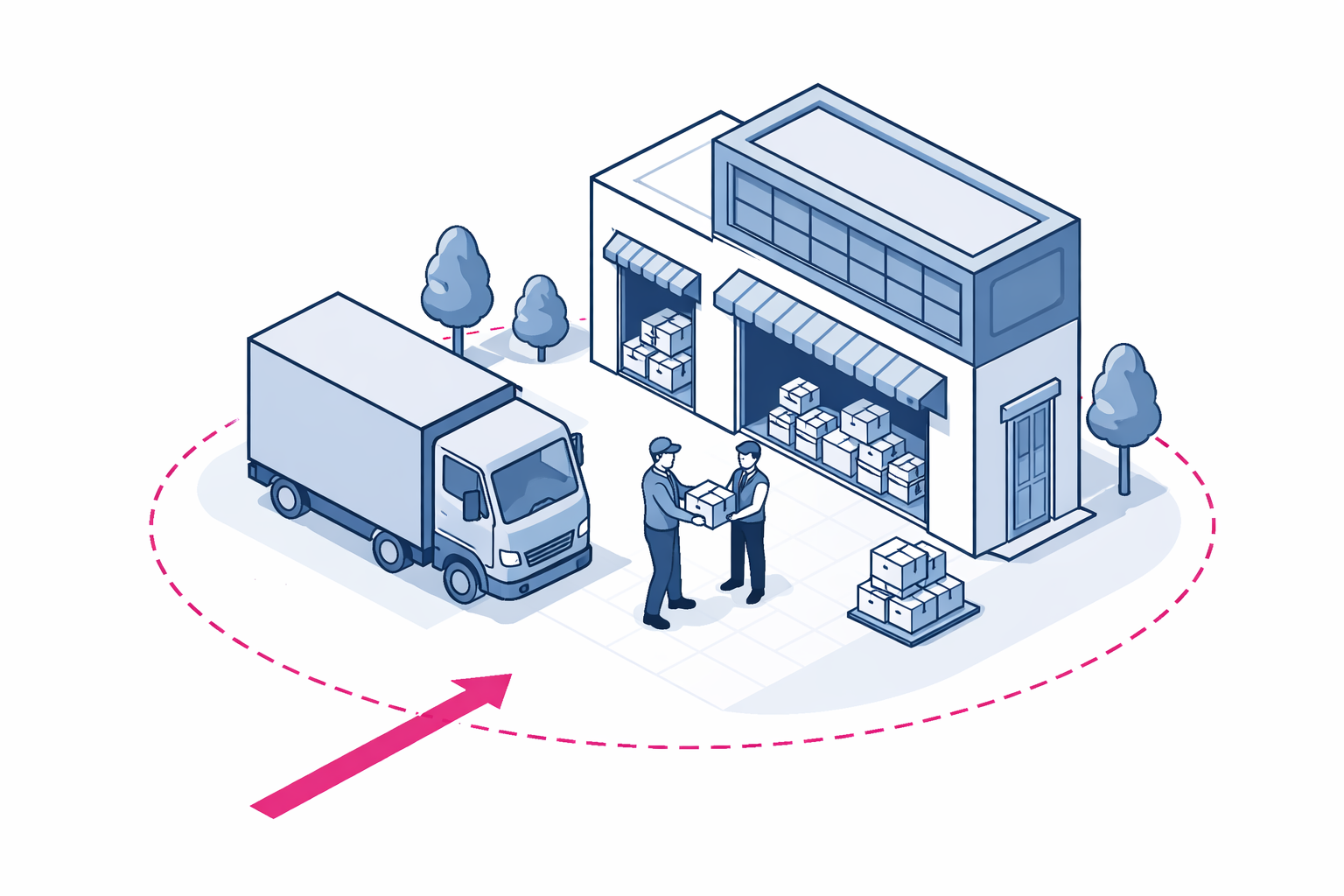 A courier delivering a package to a shop owner at their dock