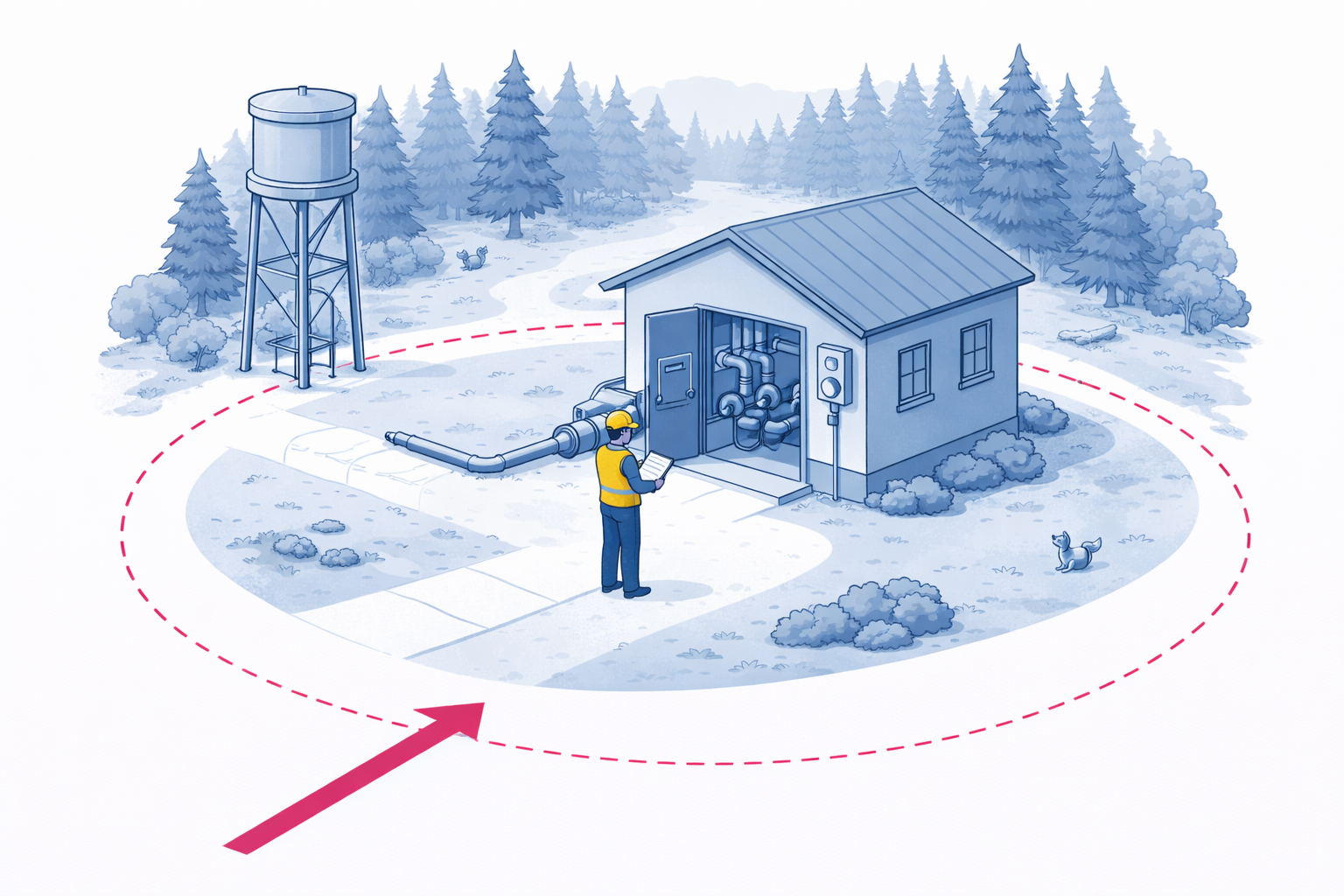 A man with a clipboard inspects a pump house in a quiet rural setting