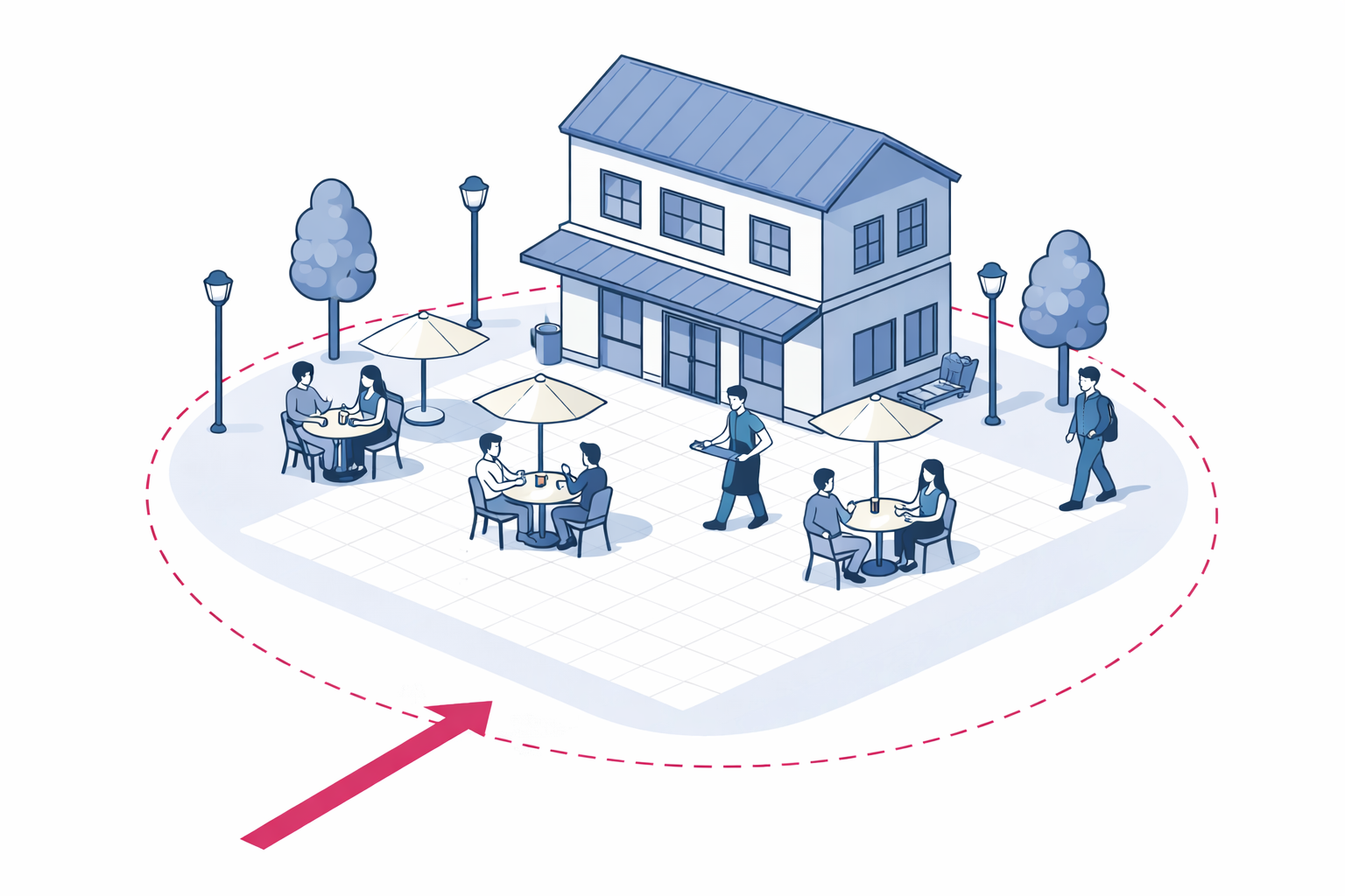 A small café plaza with a single two-storey building, outdoor tables with umbrellas, trees, and lampposts